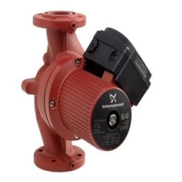 A red and black Grundfos circulator pump for heating systems isolated on a white background.