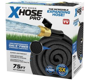 Package of 'XHose Pro' expanding garden hose with a brass fitting and claims of durability.