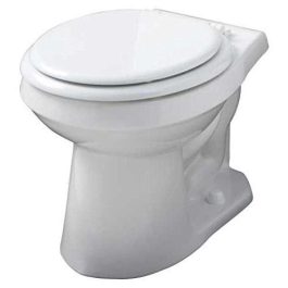 White ceramic toilet with closed lid on a plain background.