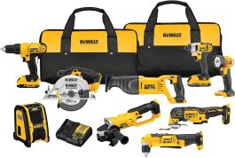 A variety of yellow and black DeWALT power tools and batteries with carrying bags.