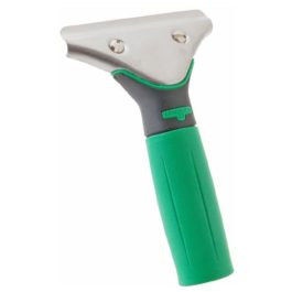 Handheld glass scraper with a green handle and metal blade.