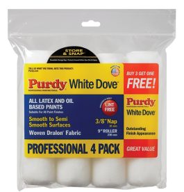Pack of four white paint rollers in packaging labeled "Purdy White Dove."