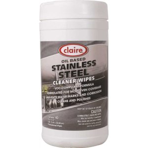 A container of Claire oil-based stainless steel cleaner wipes.