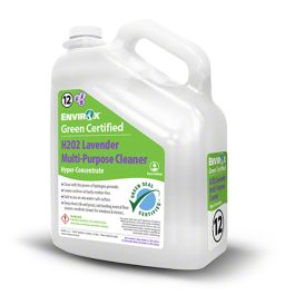 A white jug labeled "Envirox H2O2 Lavender Multi-Purpose Cleaner Hyper-Concentrate" with green certification seals.