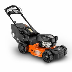 A new orange and black gas-powered lawn mower on a white background.