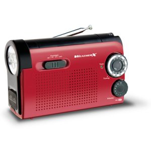 Red portable emergency weather radio with a flashlight and dials on a white background.