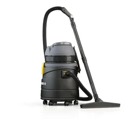 Professional black and gray canister vacuum cleaner with hose and floor attachment.