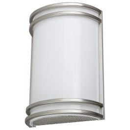 Wall-mounted cylindrical outdoor light fixture with frosted glass and metallic trim.