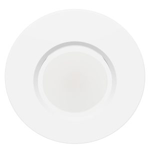 An overhead view of a simple, empty white plate on a white background.