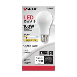 Packaging of a SATCO 13W LED light bulb with warm white light and details of its features.