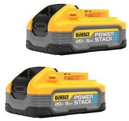 Two DeWalt 20V 5Ah power tool batteries stacked together.