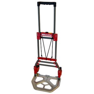 Folding hand truck with red and silver accents on a white background.