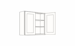 Line drawing of an open empty wardrobe with shelves.