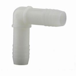Plastic elbow barbed hose connector on a white background.