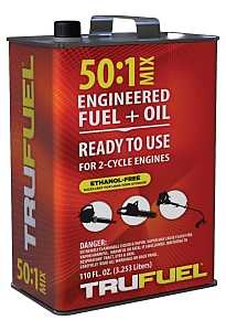 A container of TRUFUEL 50:1 mix for 2-cycle engines indicating it's ethanol-free and ready to use.