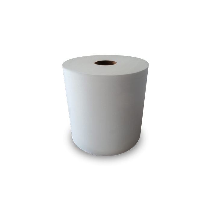 A roll of white paper towels isolated on a black background.