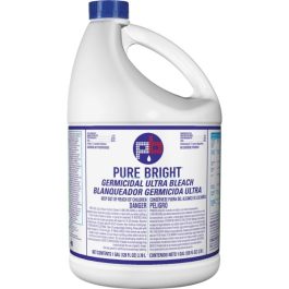 A one-gallon bottle of Pure Bright germicidal ultra bleach with product information.