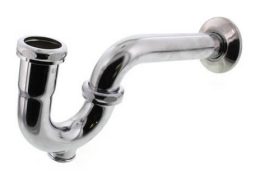 Chrome P-trap plumbing pipe isolated on a white background.