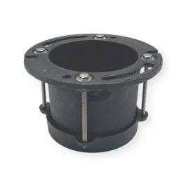 Black industrial pipe flange with four bolt holes and two vertical bolts on a white background.