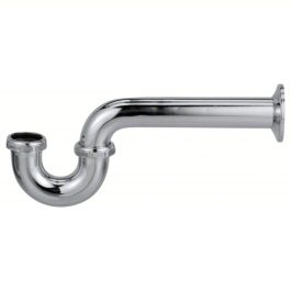 Shiny metal sink P-trap pipe isolated on a white background.