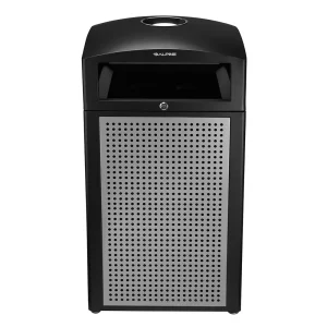 Black standalone air purifier with a dotted front panel.