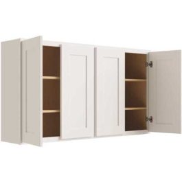 A white wall-mounted cabinet with open doors revealing empty shelves.