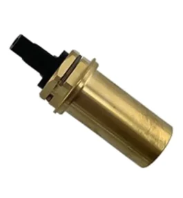 A brass-colored cylindrical fuel filter with black top on a white background.