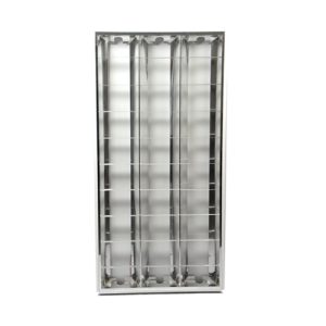 Fluorescent light fixture with a reflective grid, no bulbs, isolated on a white background.