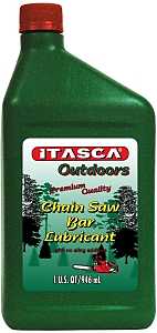 A green bottle of Itasca brand chainsaw bar lubricant.