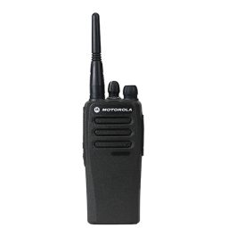 A black Motorola walkie-talkie on a white background.