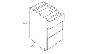 Line drawing of a kitchen cabinet with dimensions labeled, showing height and depth.