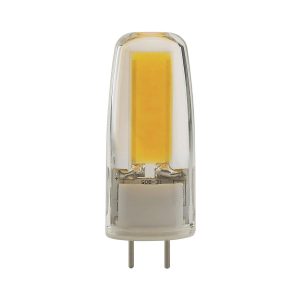 LED capsule light bulb with two pins on a white background.