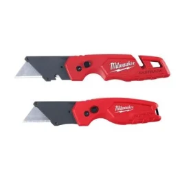 A red Milwaukee Fastback utility knife, shown open and closed on a white background.