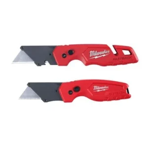 A red Milwaukee Fastback utility knife, shown open and closed on a white background.