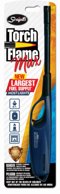Packaging of a Scripto Torch Flame lighter with a visible blue lighter, highlighting its new largest fuel supply.