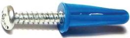 A screw with a blue plastic wall anchor on a white background.