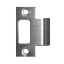 Stainless steel door strike plate with cutouts and screw holes.