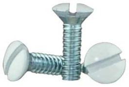 Three white round-headed screws on a plain background.