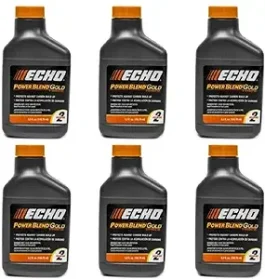 Six bottles of Echo Power Blend Gold 2-stroke engine oil on a white background.