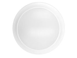 A plain white round ceramic plate on a white background.