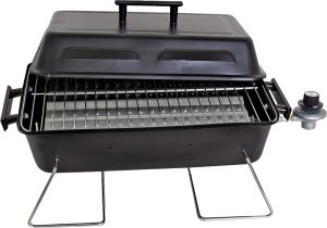 a black portable grill with a handle