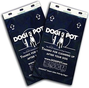 Two rolls of DOGI POT dog waste bags with text and brand logo.