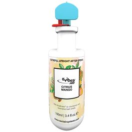 A bottle of citrus mango scented liquid soap with a blue pump dispenser.