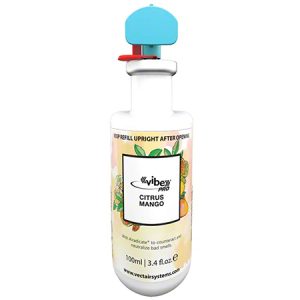 A bottle of citrus mango scented liquid soap with a blue pump dispenser.