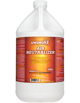 A plastic gallon jug of Unsmoke Air Neutralizer with a detailed red and yellow label.