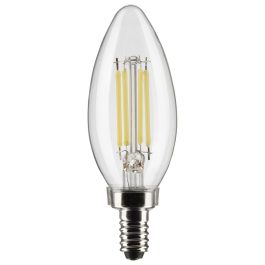 An LED filament candle bulb on a white background.