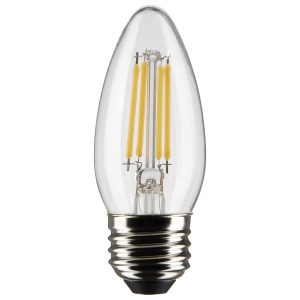 LED filament candle bulb on white background.