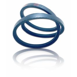 Three blue industrial rubber belts with reflection on a white surface.