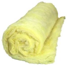 Roll of yellow fiberglass insulation on white background.