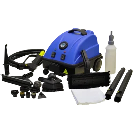 A blue professional carpet cleaning machine with various brushes and attachments displayed.